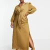 Forever New Curve Tie Front Ruched Shirt Midi Dress In Olive For Women