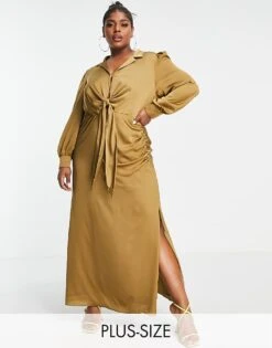 Forever New Curve Tie Front Ruched Shirt Midi Dress In Olive For Women