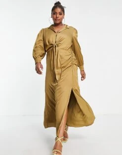 Forever New Curve Tie Front Ruched Shirt Midi Dress In Olive For Women -Layered Dress 200933321 4