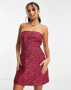 Forever New Petite Textured 90s Mini Dress In Red And Pink Boucle For Women -Layered Dress 203601736 4