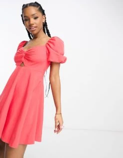 Forever New Puff Sleeve Cut Out Waist Mini Dress In Red For Women -Layered Dress 204333132 4
