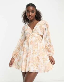 Forever New Long Sleeve Mini Dress In Peach Floral For Women Peachy Floral -Layered Dress 204333184 4