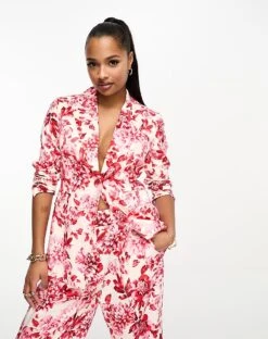 Forever New Petite Satin Blazer Co-ord In Red Floral Print For Women Red Painted Floral