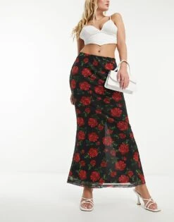 Forever New Mesh Maxi Skirt In Black Rose Print For Women -Layered Dress 205256219 1 blackroseprint 1