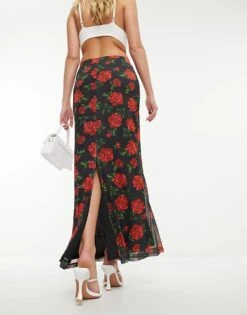 Forever New Mesh Maxi Skirt In Black Rose Print For Women -Layered Dress 205256219 4