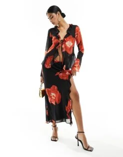 Forever New Sheer Ruffle Co-ord Maxi Skirt In Red Floral For Women Dark Floral -Layered Dress 205711800 1 darkfloral 1