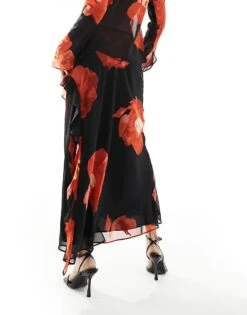 Forever New Sheer Ruffle Co-ord Maxi Skirt In Red Floral For Women Dark Floral -Layered Dress 205711800 3