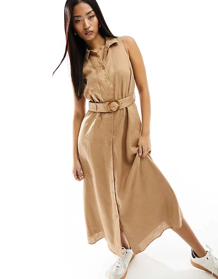 Forever New Sleeveless Belted Linen Shirt Dress In Brown For Women