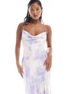 Forever New Petite Satin Slip Maxi Dress In Cloud Print For Women Blue And White -Layered Dress 205713023 3