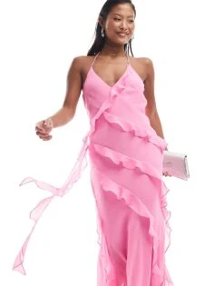 Forever New Petite Ruffle Halter Neck Maxi Dress In Pink For Women -Layered Dress 205713041 3