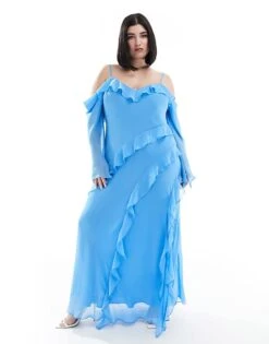 Forever New Curve Long Sleeve Ruffle Maxi Dress In Blue For Women