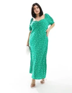 Forever New Curve Puff Sleeve Midi Dress In Green Ditsy Floral For Women Green Floral
