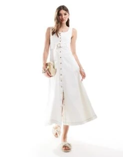 Forever New Denim Belted Midi Dress In White For Women Ivory