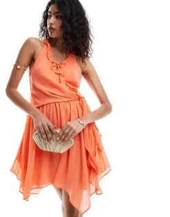 Forever New Tie Waist Ruffle Detail Mini Dress In Orange For Women -Layered Dress 205869357 1 orange 1