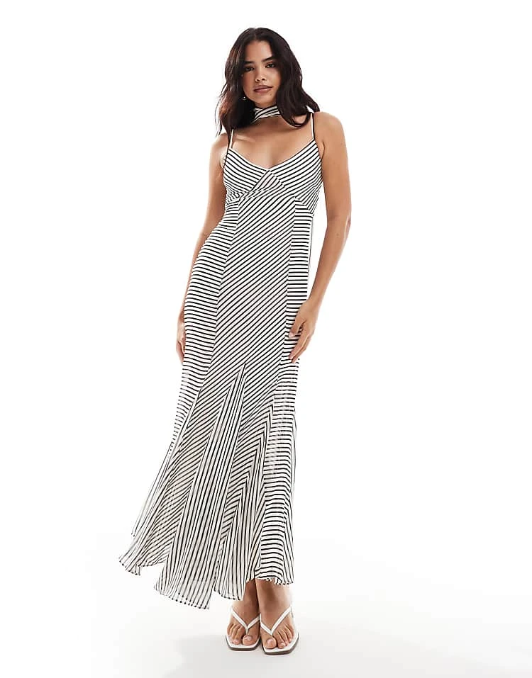 Forever New Scarf Neck Pleated Maxi Dress In Monochrome Stripe For Women 3 Forever New Scarf Neck Pleated Maxi Dress In Monochrome Stripe For Women