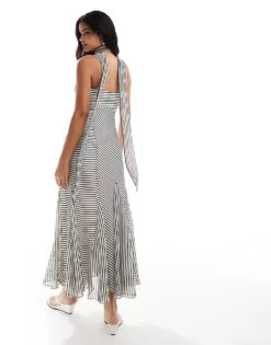 Forever New Scarf Neck Pleated Maxi Dress In Monochrome Stripe For Women 9 Forever New Scarf Neck Pleated Maxi Dress In Monochrome Stripe For Women -Layered Dress 206458038 3