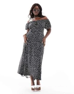 Forever New Curve Bardot Midaxi Dress In Black Ditsy Floral For Women -Layered Dress 206549040 4