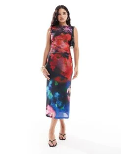 Forever New Draped Mesh Midaxi Dress In Blurred Floral For Women Multi-colour