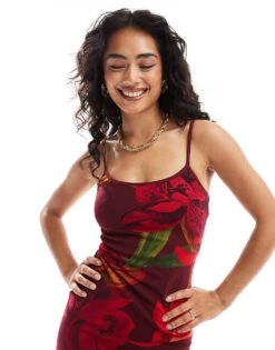 Forever New Mesh Slip Midaxi Dress In Deep Red Floral For Women -Layered Dress 206761613 2