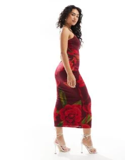 Forever New Mesh Slip Midaxi Dress In Deep Red Floral For Women -Layered Dress 206761613 3
