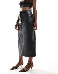 Forever New Leather Look Midi Skirt In Black For Women
