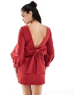 Forever New Long Sleeve Bow Back Mini Dress In Burgundy For Women Deep Red