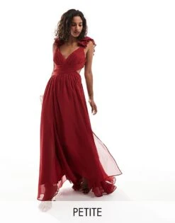 Forever New Petite Ruffle Shoulder Maxi Dress In Burgundy For Women Deep Red