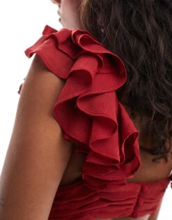 Forever New Petite Ruffle Shoulder Maxi Dress In Burgundy For Women Deep Red -Layered Dress 206770596 3