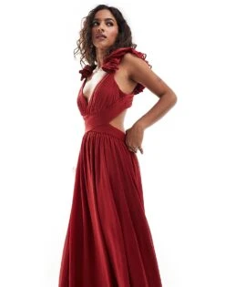 Forever New Petite Ruffle Shoulder Maxi Dress In Burgundy For Women Deep Red -Layered Dress 206770596 4