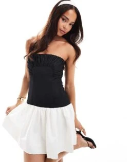 Forever New Ruched Colour Block Mini Dress In Black And Cream For Women Black/cream