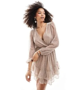 Forever New Metallic Plisse Mini Dress In Champagne For Women Neutral -Layered Dress 206930386 1 neutral 1