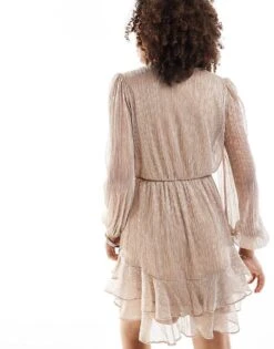Forever New Metallic Plisse Mini Dress In Champagne For Women Neutral -Layered Dress 206930386 3