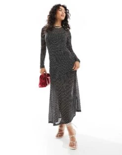 Forever New Textured Spliced Maxi Dress In Black Dot For Women Black Geo Spot