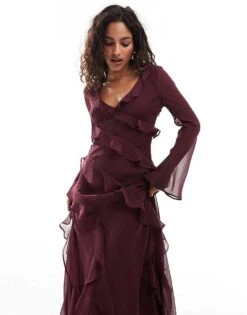Forever New Petite Long Sleeve Midaxi Dress In Oxblood For Women -Layered Dress 206933033 4