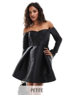 Forever New Petite Satin Long Sleeve Mini Dress In Black For Women