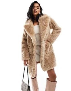 Forever New Button Up Faux Fur Coat In Light Brown For Women