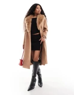 Forever New Petite Faux Fur Collar Coat In Camel For Women