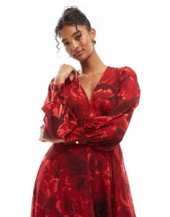 Forever New Long Sleeve Maxi Dress In Red Rose Floral For Women Red Floral -Layered Dress 207241032 4