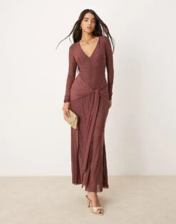 Forever New Long Sleeve Plunge Hotfix Maxi Dress In Chocolate For Women Brown -Layered Dress 207241160 1 brown 1