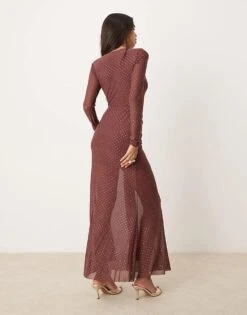 Forever New Long Sleeve Plunge Hotfix Maxi Dress In Chocolate For Women Brown -Layered Dress 207241160 2