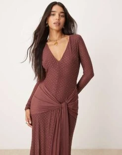 Forever New Long Sleeve Plunge Hotfix Maxi Dress In Chocolate For Women Brown -Layered Dress 207241160 4