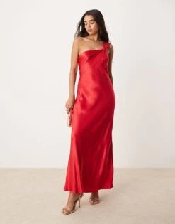 Forever New Off Shoulder Satin Midaxi Dress In Red For Women -Layered Dress 207241187 1 red 1