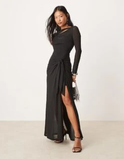 Forever New Petite Long Sleeve Drape Maxi Dress In Black For Women -Layered Dress 207308812 1 black 1