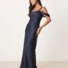 Forever New Petite Off Shoulder Satin Midaxi Dress In Navy For Women