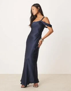 Forever New Petite Off Shoulder Satin Midaxi Dress In Navy For Women
