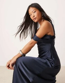 Forever New Petite Off Shoulder Satin Midaxi Dress In Navy For Women -Layered Dress 207308820 3