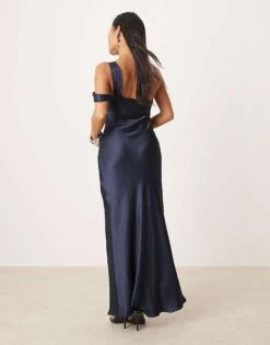 Forever New Petite Off Shoulder Satin Midaxi Dress In Navy For Women -Layered Dress 207308820 4