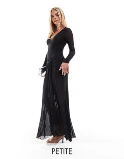Forever New Petite Long Sleeve Plunge Hotfix Maxi Dress In Black For Women -Layered Dress 207308836 1 black 1
