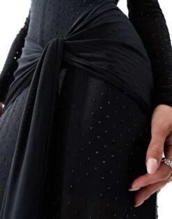 Forever New Petite Long Sleeve Plunge Hotfix Maxi Dress In Black For Women -Layered Dress 207308836 3