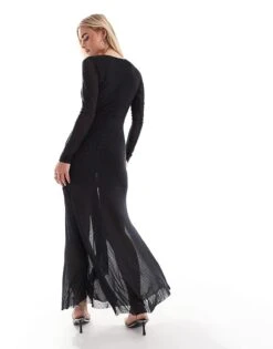 Forever New Petite Long Sleeve Plunge Hotfix Maxi Dress In Black For Women -Layered Dress 207308836 4